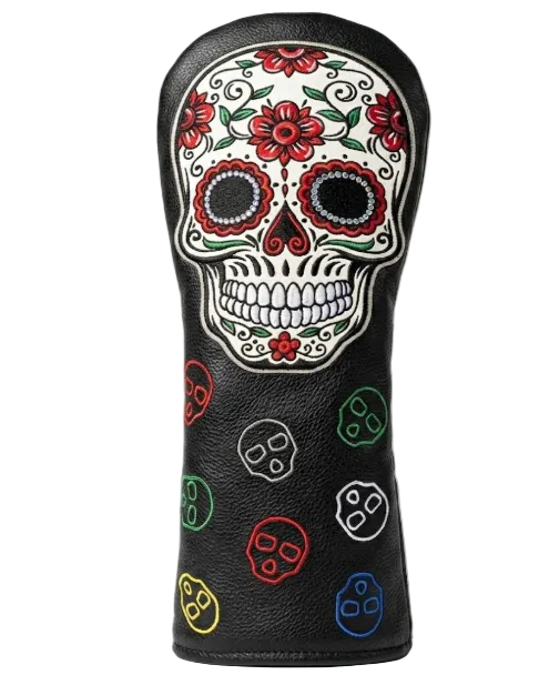 Golf club head cover with skull and floral design on a white
 background