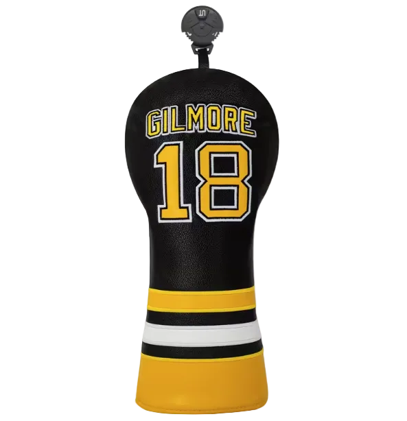 Golf club head cover with 'Gilmore' and number '18' on a white background